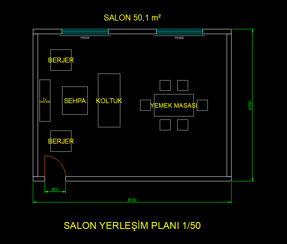FastArch'ın AutoCAD'de çizdiği mobilyalı salon planı