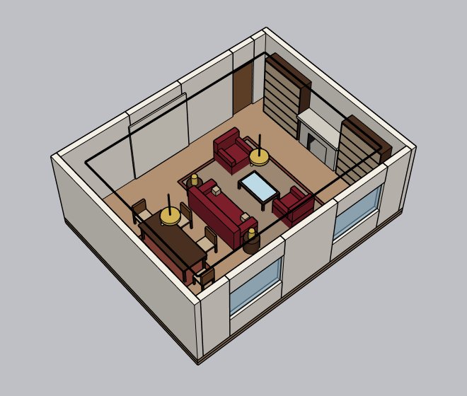 SketchUp'ta modellenmiş mobilyalı salon